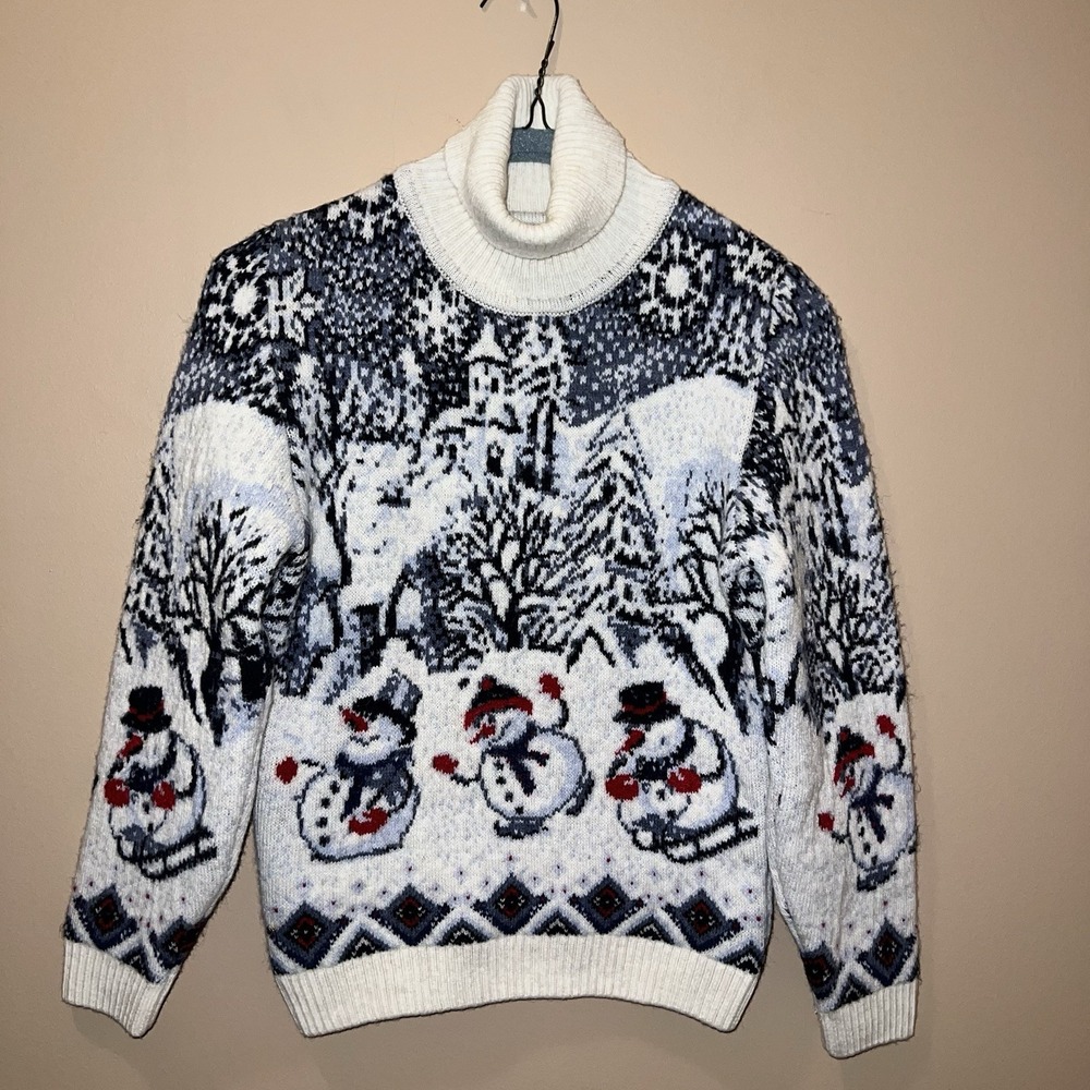 Vtg Pulltonic Snowman Turtleneck Sweater Wool Blend Winter Landscape Russian Kid